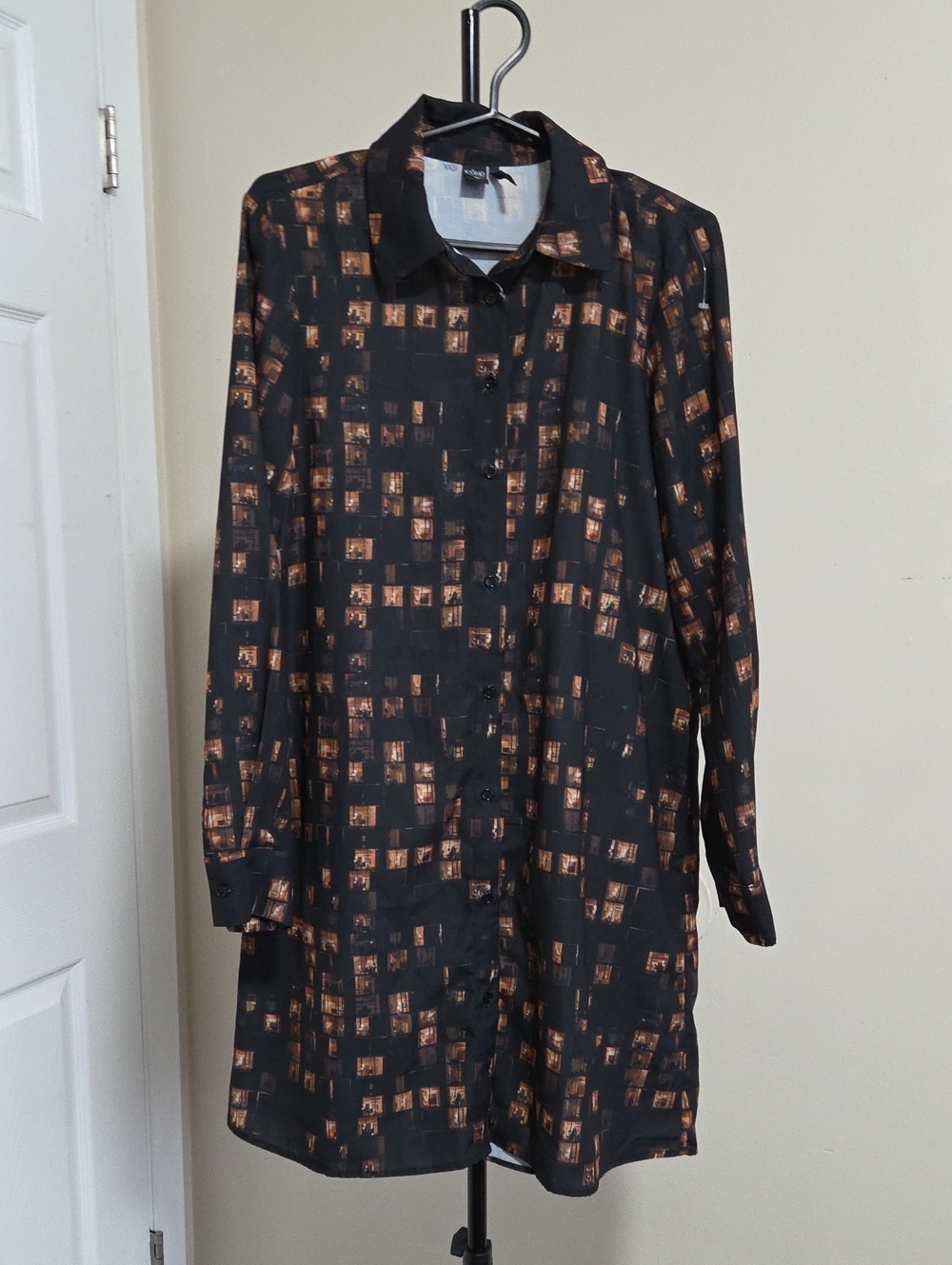 ICON Black Long-Sleeve Button-Up Dress with Copper Square Print
